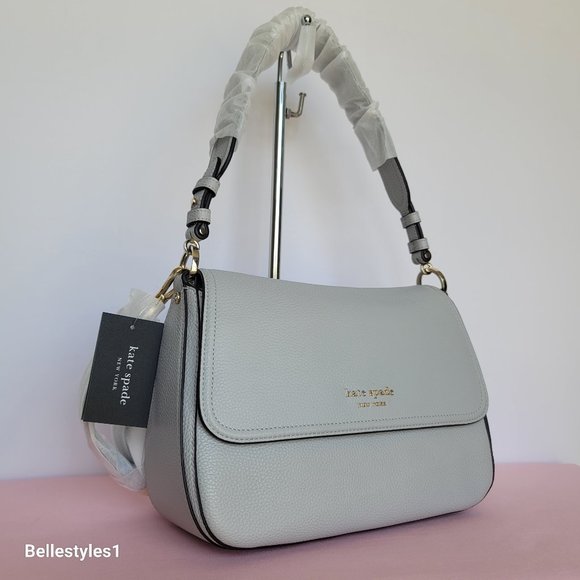 KATE SPADE Hudson Pebbled Leather Medium Flap Convertible Shoulder Bag- Platinum